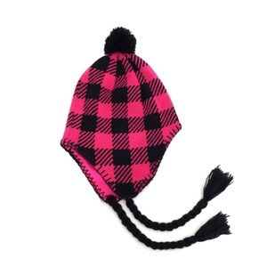 Hot Pink + Black Houndstooth Print Pom Pom Hat